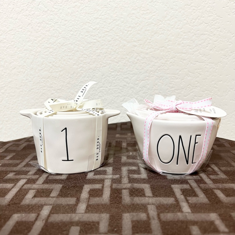 Rae Dunn White Measuring Cups w/ pink interior and bucket Measuring Cups